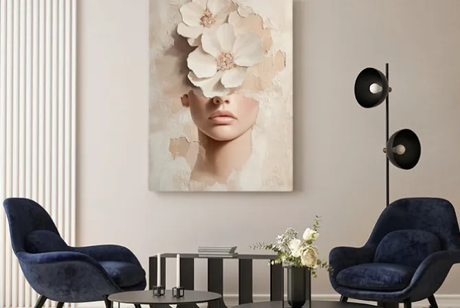 Obraz: Abstrakcyjny portret kobiety z kwiatami w stylu glamour