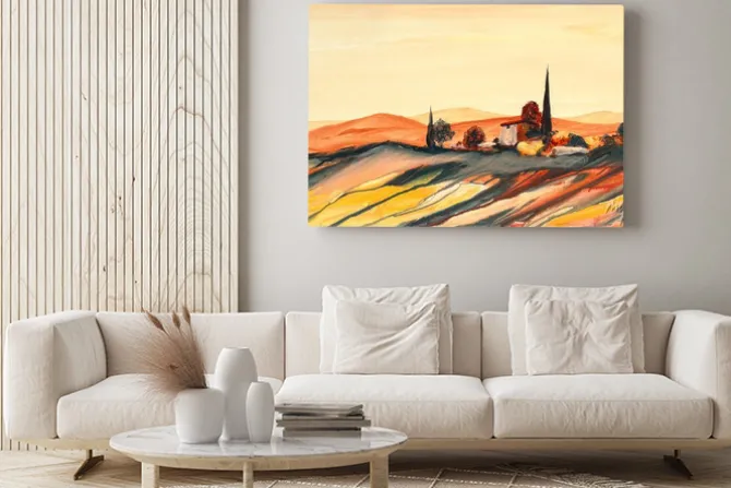 Obraz: Acrylfarben gemälde einer stark farbigen bunten toskana landschaft