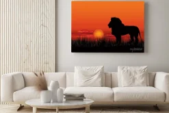 Obraz: Afrykański krajobraz z lwa zwierząt sylwetki. savanna tle zachodu