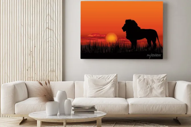 Obraz: Afrykański krajobraz z lwa zwierząt sylwetki. savanna tle zachodu