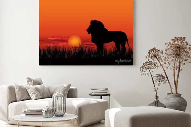 Obraz: Afrykański krajobraz z lwa zwierząt sylwetki. savanna tle zachodu