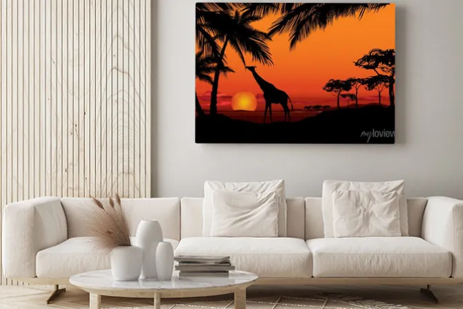 Obraz: Afrykański krajobraz z żyrafa zwierząt sylwetki. savanna charakter