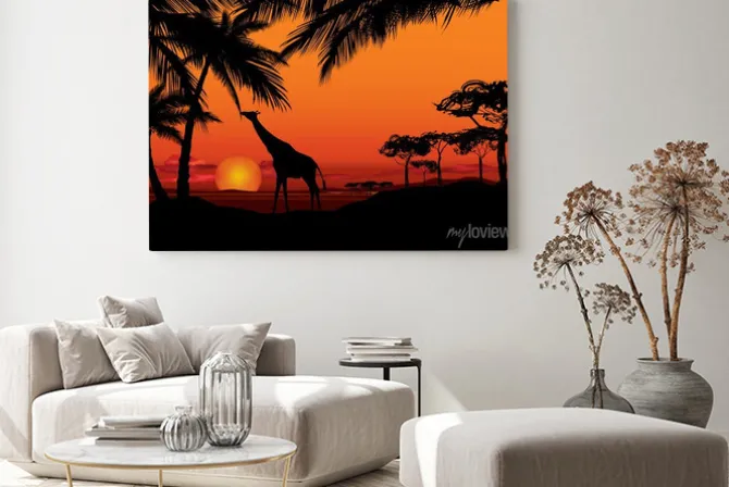 Obraz: Afrykański krajobraz z żyrafa zwierząt sylwetki. savanna charakter