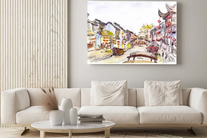 Obraz: Akwarela - canal wody w starym mieście w chinach. czerwone latarnie.