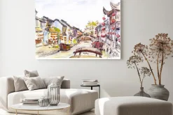 Obraz: Akwarela - canal wody w starym mieście w chinach. czerwone latarnie.