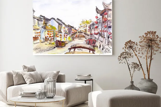 Obraz: Akwarela - canal wody w starym mieście w chinach. czerwone latarnie.