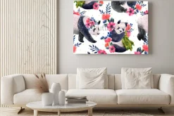 Obraz: Akwarela bezszwowe wzór z pandy i kwiaty na białym tle na białym