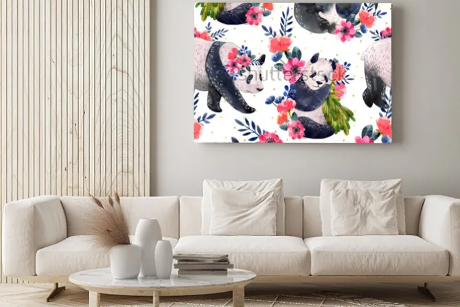 Obraz: Akwarela bezszwowe wzór z pandy i kwiaty na białym tle na białym