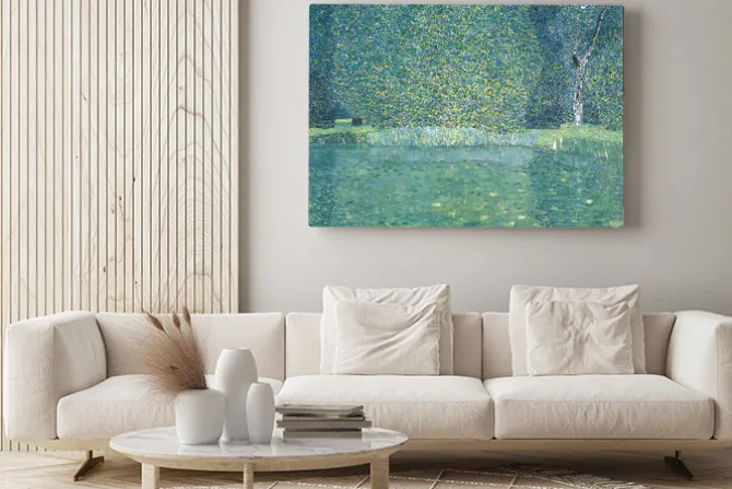 Obraz: Akwarela delikatnego stawu wśród bujnych drzew