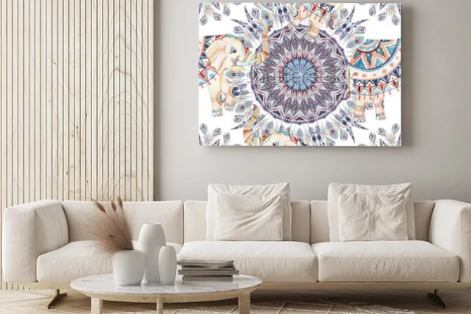 Obraz: Akwarela etniczne słonia i pióro mandali tło. abstrakta piórkowy