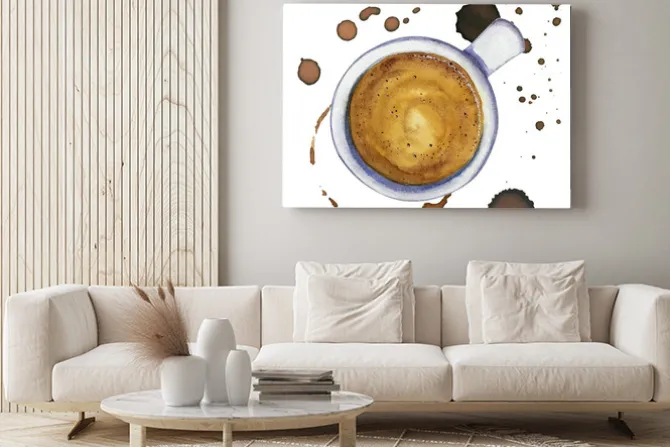 Obraz: Akwarela filiżanka kawy espresso z plamy i znaki kawy wokół,