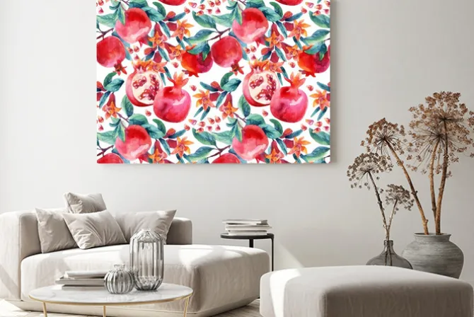 Obraz: Akwarela granatu kwitną gałęzie i owoce bez szwu wzór