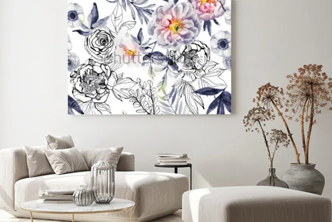 Obraz: Akwarela i atrament doodle kwiaty, liście, wzór chwastów. ręcznie