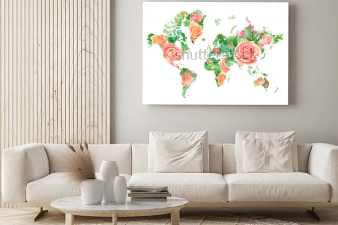 Obraz: Akwarela ilustracja mapa świata w kwiaty. szablon do projektów