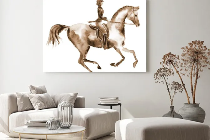 Obraz: Akwarela jeźdźca i ujeżdżenia koni na białym tle. jeździectwo.