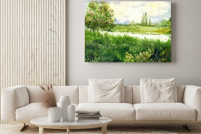 Obraz: Akwarela krajobraz. młody drzewo w łąkowej pobliskiej rzece