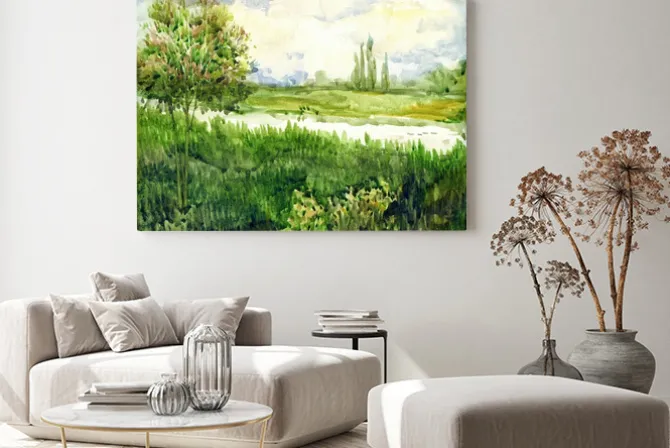 Obraz: Akwarela krajobraz. młody drzewo w łąkowej pobliskiej rzece