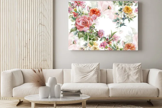 Obraz: Akwarela liść i kwiaty, bezszwowy wzór na białym tle