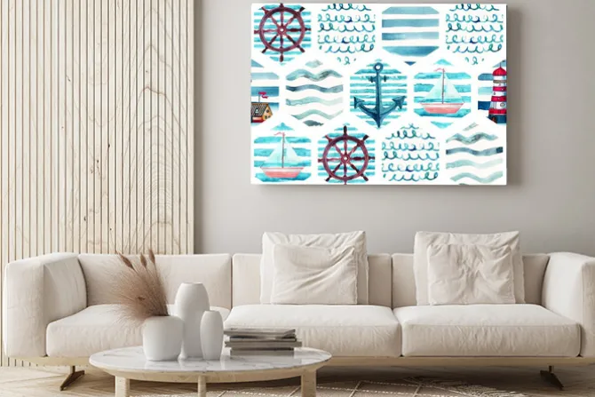 Obraz: Akwarela przygoda bez szwu deseń w patchwork morskich stylu.