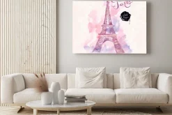 Obraz: Akwarela z wieżą eiffla i ulicą paryża w różu
