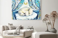 Obraz: Akwarele ilustracji z dzieci śpi białego misia na góry lodowej.