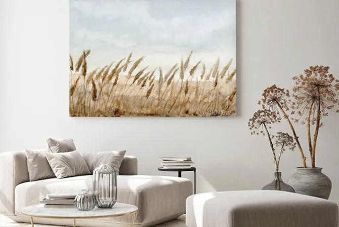 Obraz: Akwarelowa trawa pampasowa na tle nieba i piasku