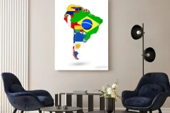 Obraz: Ameryka południowa mapa z flagami i umieszczeniem na mapie świata