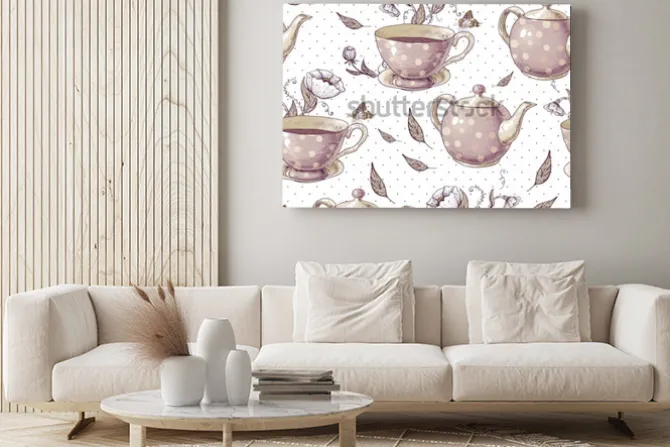 Obraz: Bezszwowe tło z filiżankami herbaty, doniczki i kwiaty w stylu