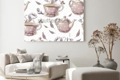 Obraz: Bezszwowe tło z filiżankami herbaty, doniczki i kwiaty w stylu