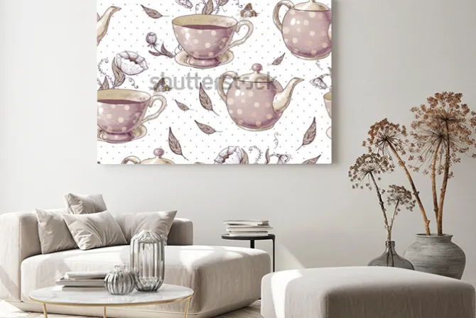 Obraz: Bezszwowe tło z filiżankami herbaty, doniczki i kwiaty w stylu