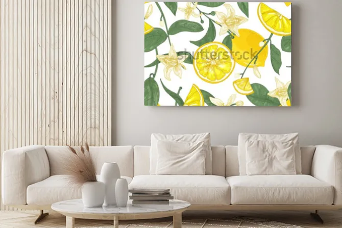 Obraz: Bezszwowy wzór z świeżymi soczystymi cytrynami, cały i pokrojony