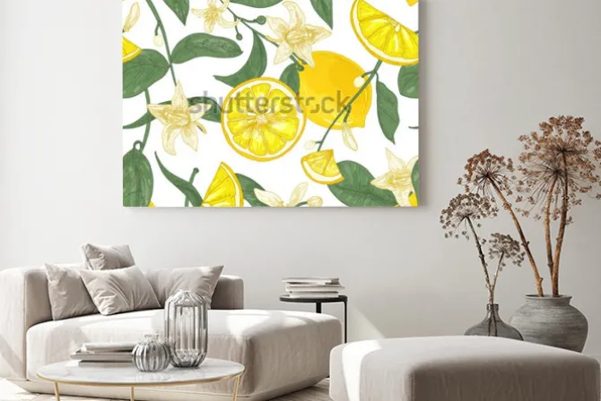 Obraz: Bezszwowy wzór z świeżymi soczystymi cytrynami, cały i pokrojony