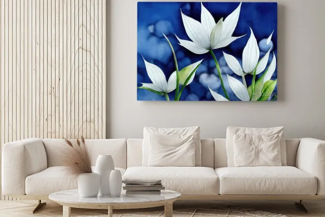 Obraz: Białe kwiaty na niebieskim tle