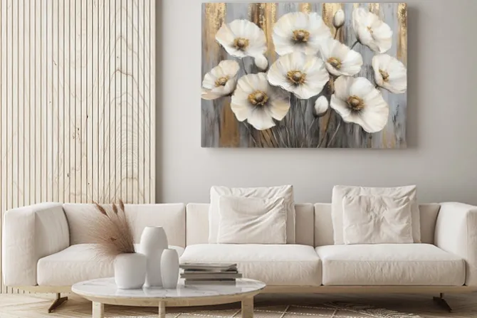 Obraz: Białe maki kwiaty malowane na tle ze złotem