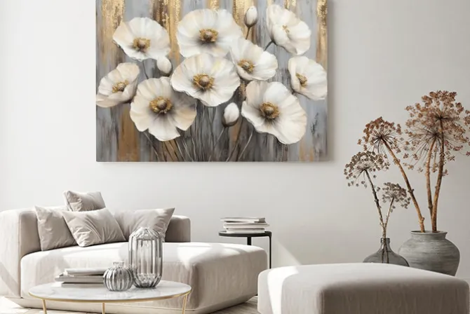 Obraz: Białe maki kwiaty malowane na tle ze złotem