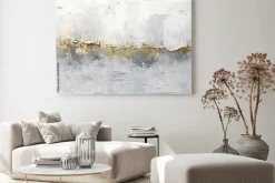 Obraz: Biało-szara abstrakcja ze złotymi pociągnięciami pędzla