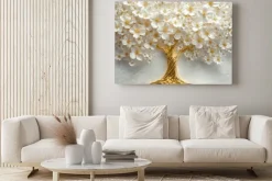 Obraz: Biało-złote kwiaty na drzewie 3d