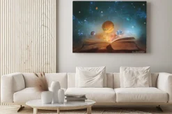 Obraz: Book of the universe - opened magic book with planets and galaxies.