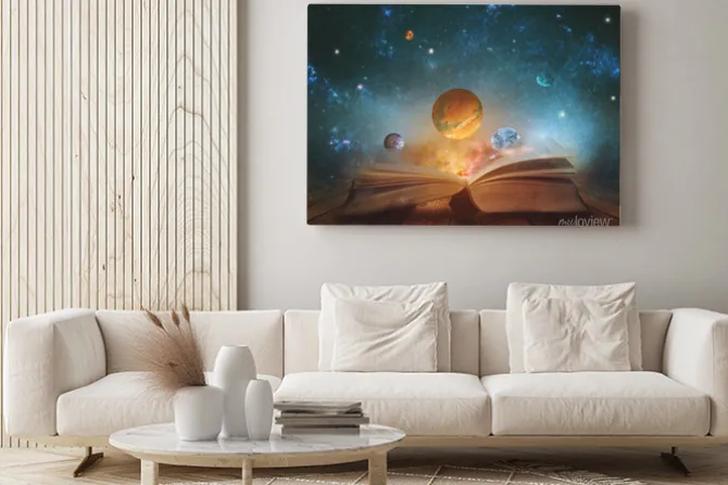 Obraz: Book of the universe - opened magic book with planets and galaxies.