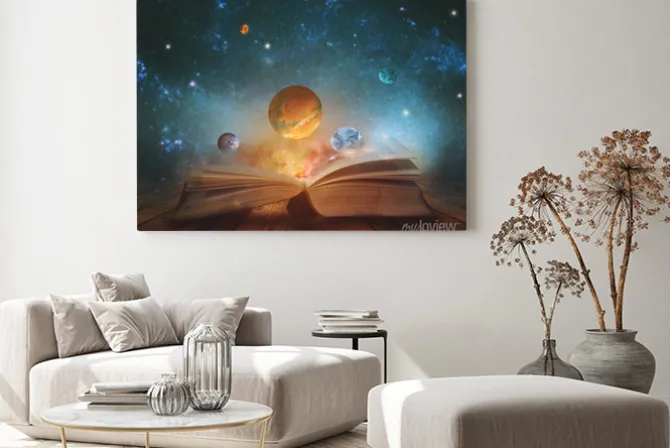 Obraz: Book of the universe - opened magic book with planets and galaxies.