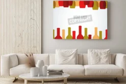 Obraz: Butelki wina i kieliszki w odcieniach czerwieni żółci i zieleni