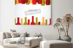 Obraz: Butelki wina i kieliszki w odcieniach czerwieni żółci i zieleni