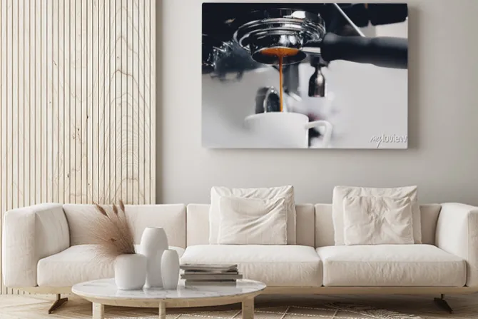 Obraz: Close up process of preparation coffee latte art drink on machine,