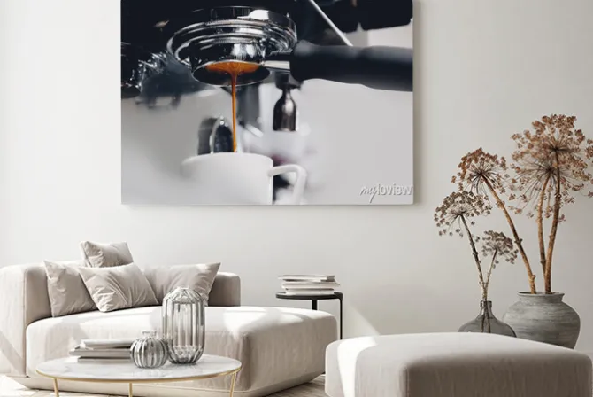 Obraz: Close up process of preparation coffee latte art drink on machine,