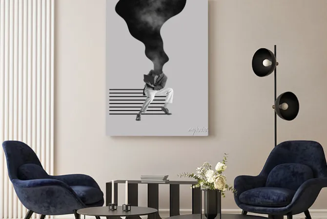 Obraz: Contemporary art collage. creative design. burning head. man,