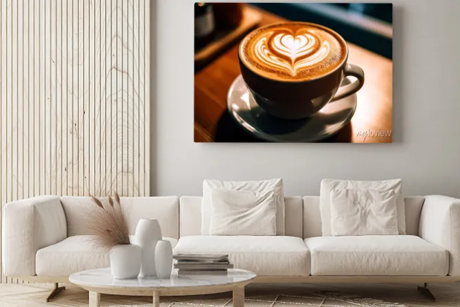 Obraz: Crafted heart - shaped latte art pattern on a frothy cappuccino
