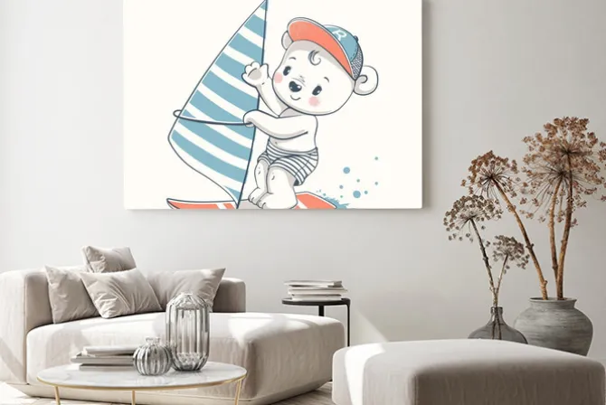 Obraz: Cute baby bear windsurfer cartoon hand drawn vector illustration.