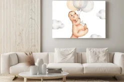 Obraz: Cute cartoon dinosaur flying with balloons; watercolor hand drawn