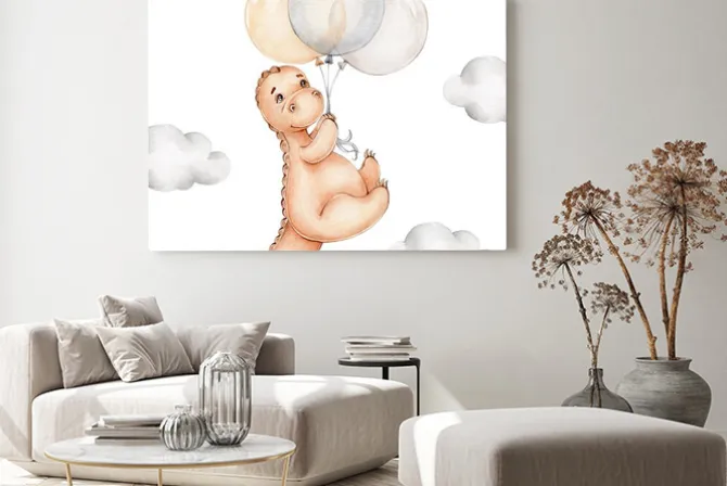 Obraz: Cute cartoon dinosaur flying with balloons; watercolor hand drawn