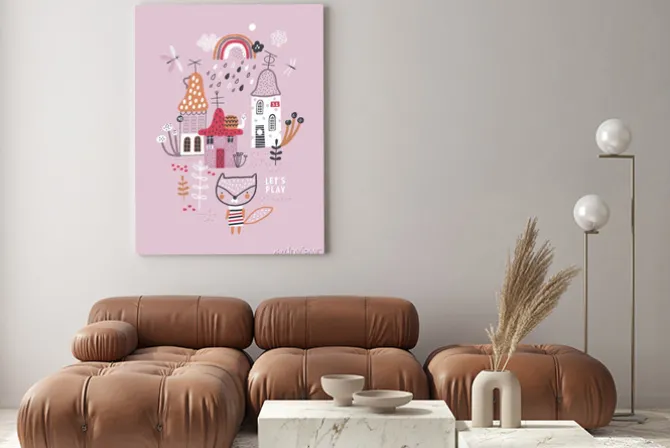 Obraz: Cute forest village. childish vector illustration with fox, mushrooms,